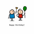 Happy birhtday print for card with cute doodle characters. Royalty Free Stock Photo