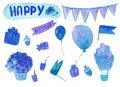 Happy birthaday watercolor hand drawn set in blue color isolated on the white background.