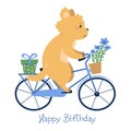 Happy birthay card with a dog on a bike carrying a present and flowers.