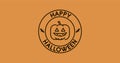 Happy halloween typography minimal postcard. Text patch sticker. Pumpkin icon. Round seal stamp logo. Quote, phrase. Label