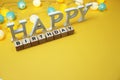 Happy Birthday alphabet letter with LED cotton balls on yellow background Royalty Free Stock Photo