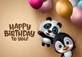 Happy birthday animal kids vector banner. Happy birthday animal kids party with flying panda and penguin animal. Royalty Free Stock Photo