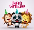 Happy birthday animal party characters vector design. Happy birthday text with animals friends character like monkey, panda.