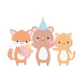 Happy birthday animals with party hat gift candy celebration decoration