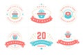 Happy birthday anniversary vintage emblem and badge set for greeting card design vector flat Royalty Free Stock Photo
