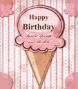 Happy birthday baby card with ice cream. Vector delicate pink vintage theme. pastel colors Royalty Free Stock Photo