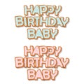 Happy birthday baby sweet hand drawn letters. Biscuit glazed with blue and pink cream for boys and girls. Isolated on white. Royalty Free Stock Photo