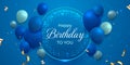 Happy Birthday background with blue 3d realistic floating glossy balloons