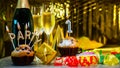 Happy birthday background with champagne glasses with number cake 1. Beautiful birthday card with decorations copy space Royalty Free Stock Photo