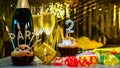 Happy birthday background with champagne glasses with number cake 2. Beautiful birthday card with decorations copy space Royalty Free Stock Photo