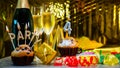 Happy birthday background with champagne glasses with number cake 4. Beautiful birthday card with decorations copy space Royalty Free Stock Photo