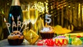 Happy birthday background with champagne glasses with number cake 5. Beautiful birthday card with decorations copy space Royalty Free Stock Photo