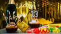 Happy birthday background with champagne glasses with number cake 13. Beautiful birthday card with decorations copy space Royalty Free Stock Photo