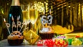 Happy birthday background with champagne glasses with number cake 63. Beautiful birthday card with decorations copy space Royalty Free Stock Photo