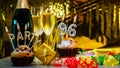 Happy birthday background with champagne glasses with number cake 96. Beautiful birthday card with decorations copy space Royalty Free Stock Photo