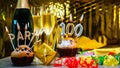 Happy birthday background with champagne glasses with number cake 100. Beautiful birthday card with decorations copy space Royalty Free Stock Photo