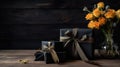 Mother\'s day or birthday gift mockup on black gifts on wooden table with gold accessories.