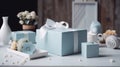 Mother\'s day or birthday gift mockup on pastel blue gifts on wooden table with white accessories.