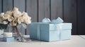 Mother\'s day or birthday gift mockup on pastel blue gifts on wooden table with white accessories.