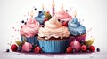 Happy birthday background - festive cupcakes with burning candles, pink and blue tones.