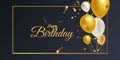 Happy birthday background with realistic golden and white air balloon on dark background with text and glitter confetti Royalty Free Stock Photo