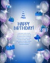 Happy birthday background with shiny confetti, gift box and air balloons