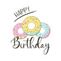 Happy Birthday-happy birthday badge. Greeting lettering with donuts. Birthday greeting card decoration design, vector