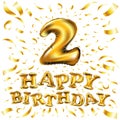 Happy Birthday Balloon number 2 Two. Realistic 3D gold helium balloon abc alphabet golden font text. Decoration element f