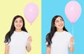 Happy birthday. Balloon party collage. Happy asian girl with balloons isolated on white colorful background. Copy space. Blank Royalty Free Stock Photo