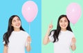 Happy birthday. Balloon party collage. Happy asian girl with balloons isolated on white colorful background. Copy space. Blank Royalty Free Stock Photo