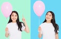 Happy birthday. Balloon party collage. Happy asian girl with balloons isolated on white colorful background. Copy space. Blank Royalty Free Stock Photo