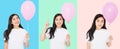 Happy birthday. Balloon party collage. Happy asian girl with balloons isolated on white colorful background. Copy space. Blank Royalty Free Stock Photo