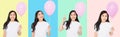 Happy birthday. Balloon party collage. Happy asian girl with balloons isolated on white colorful background. Copy space. Blank Royalty Free Stock Photo