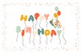 Happy birthday balloons and cute flying turtle character. Horizontal frame template with confetti. Vector illustration