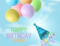 Happy birthday balloons vector background design. Happy birthday greeting text with party elements Royalty Free Stock Photo