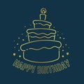 Happy birthday banner with abstract gold border line simple cute cake and candle light symbol on drak blue background vector Royalty Free Stock Photo