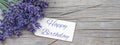 Happy Birthday Banner background panorama - Close up of bouguet of violet purple lavendula lavender flowers herbs with wooden