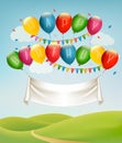 Happy birthday banner with balloons and landscape. Royalty Free Stock Photo