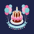 Happy birthday banner - cake with burning candles and balloon on dark blue background vector design