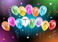 Happy birthday banner with colorful balloons streamers and confetti