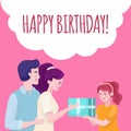 Happy birthday banner design template. Family congratulating daughter vector flat illustration.