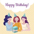 Happy birthday banner design template. Women celebrating birthday, offering gift.