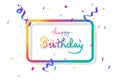 Happy birthday, banner frame with multicolor confetti party, decoration paper and ribbons falling, calligraphy celebration Royalty Free Stock Photo