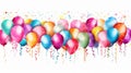 Happy Birthday banner. Illustration of colorful balloons with ribbons and shiny pieces of serpentine on white background. Ai Royalty Free Stock Photo