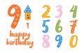 Happy birthday banner in retro groovy style. Vintage walking character and numbers. Funky mascot psychedelic smile