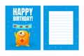 Happy Birthday Banner Template with Cute Funny Monster Character, Monster Party Invitation Card Vector Illustration