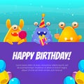 Happy Birthday Banner Template with Cute Funny Monsters and Space for Text, Monster Party Poster, Flyer, Invitation Card Royalty Free Stock Photo