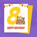 Happy Birthday Banner Template with Funny Monster, Invitation Card for Anniversary with Number Eight Cartoon Vector