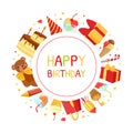 Happy Birthday Banner Template with Holiday Symbols Frame of Round Shape Vector Illustration Royalty Free Stock Photo