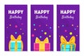 Happy Birthday Banners Set, Happy Holidays Greeting Cards with Gift Boxes Vector Illustration Royalty Free Stock Photo